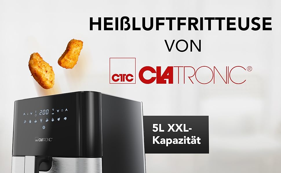 Фритюрница Clatronic XXL - 5L Фритюрница с горячим воздухом для жарки без жира, фритюрница из нержавеющей стали с цифровм сенсорнм краном, подача воздуха на 360, фритюрница с 8 программами, 1450 Вт - ПТ 3782 ч