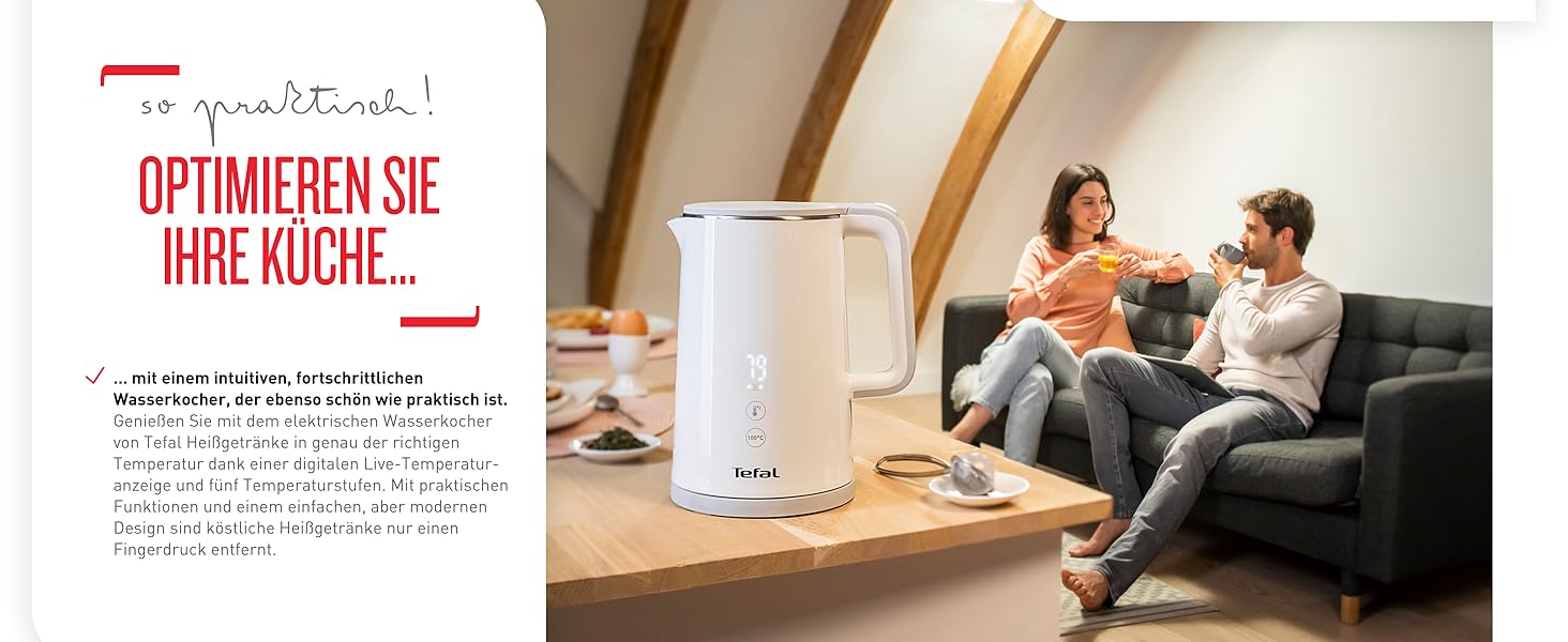 Чайник Tefal KO6931 Sense / емкость 1,5 л цифровой дисплей 5 уровней температур основание на 360 индикатор уровня вод семнй известковй фильтр функция подогрева в течение 30 минут 1800 Вт / белй