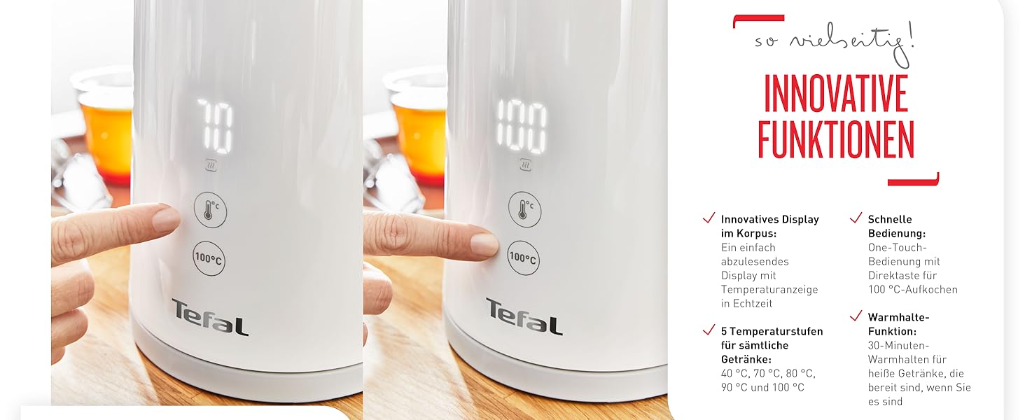 Чайник Tefal KO6931 Sense / емкость 1,5 л цифровой дисплей 5 уровней температур основание на 360 индикатор уровня вод семнй известковй фильтр функция подогрева в течение 30 минут 1800 Вт / белй