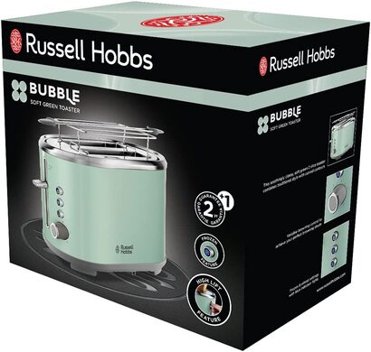 Зеленй цвет для тостера Russell Hobbs, 2 очень широких прорези для тостов, в комплекте. Насадка для булочек, 6 регулируемх уровней подрумянивания функция размораживания и разогрева, Технология бстрого поджаривания, 930 Вт, Ретро 25080-56