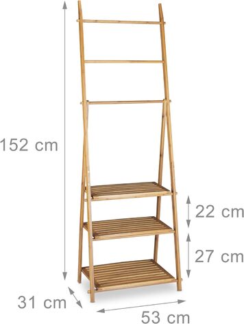 Вешалка для полотенец бамбуковая, складная, маленькая вешалка для одежды, 3 полки, 3 вешалки для полотенец, 4 боковых крючка, ВхШхГ 152 x 53 x 31 см, дерево, натуральный Коттедж