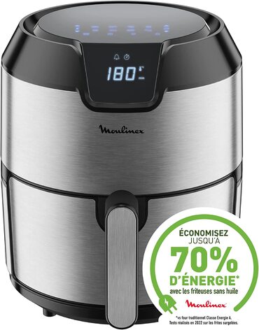 Фритюрница Moulinex Easy Fry Deluxe EZ401D без масла, с антипригарнм покртием, цифровой сенсорнй кран, 8 кулинарнх программ, здоровое питание, приложение 125 рецептов, сталь, 4,2 л, круглая нержавеющая сталь на 6 персон