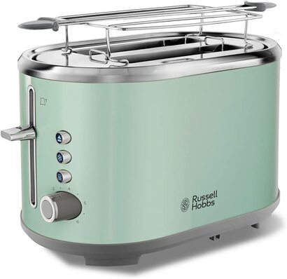 Зеленй цвет для тостера Russell Hobbs, 2 очень широких прорези для тостов, в комплекте. Насадка для булочек, 6 регулируемх уровней подрумянивания функция размораживания и разогрева, Технология бстрого поджаривания, 930 Вт, Ретро 25080-56