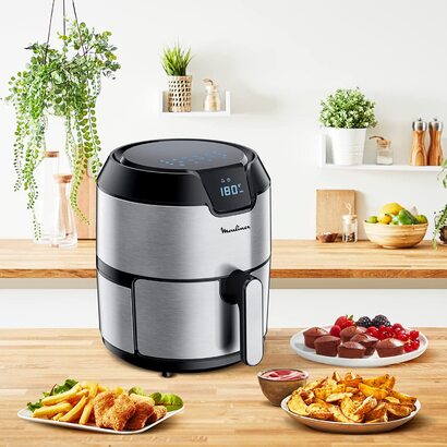 Фритюрница Moulinex Easy Fry Deluxe EZ401D без масла, с антипригарнм покртием, цифровой сенсорнй кран, 8 кулинарнх программ, здоровое питание, приложение 125 рецептов, сталь, 4,2 л, круглая нержавеющая сталь на 6 персон