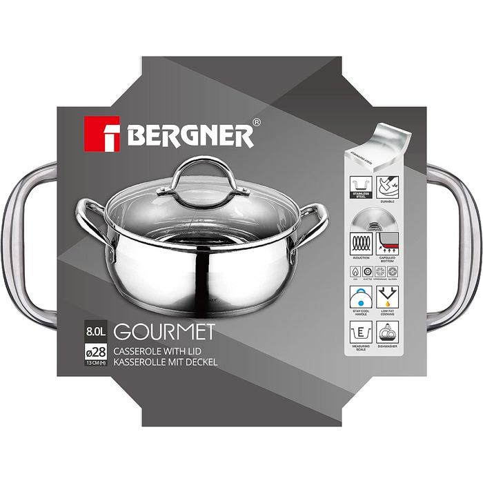 Кастрюля со стеклянной крышкой 8 л Bergner