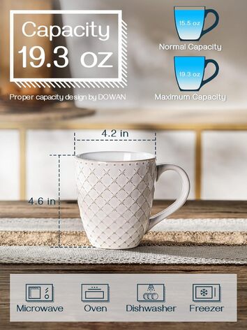 Набор кофейных кружек, 6 x 560 мл Кофейные кружки Фарфор, Большие кружки с тисненым рисунком в стиле кантри для кофе, молока, чая и какао, Набор кружек Реактивный белый