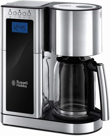 Цифровая кофеварка Russell Hobbs Elegance из нержавеющей стали, функция таймера, до 10 чашек, стекляннй чайник обемом 1,25 л, мощностью 1600 Вт, и тостер с длиннм шлицем из стекла/нержавеющей стали Elegance, в комплекте. Насадка для булочек, 1420 Вт, 2338