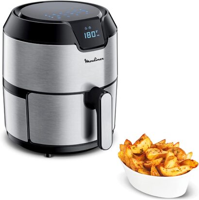 Фритюрница Moulinex Easy Fry Deluxe EZ401D без масла, с антипригарнм покртием, цифровой сенсорнй кран, 8 кулинарнх программ, здоровое питание, приложение 125 рецептов, сталь, 4,2 л, круглая нержавеющая сталь на 6 персон