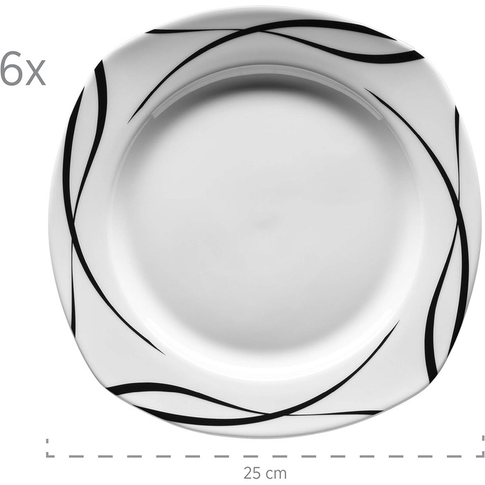 Серия Mser 920673 Oslo, набор тарелок из 12 предметов на 6 персон из фарфора, обеденнй сервиз классический, неподвластнй времени, легантнй, черно-белй сервиз 12 шт.