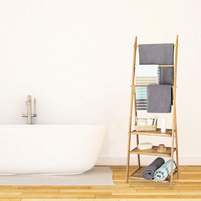 Вешалка для полотенец бамбуковая, складная, маленькая вешалка для одежды, 3 полки, 3 вешалки для полотенец, 4 боковых крючка, ВхШхГ 152 x 53 x 31 см, дерево, натуральный Коттедж