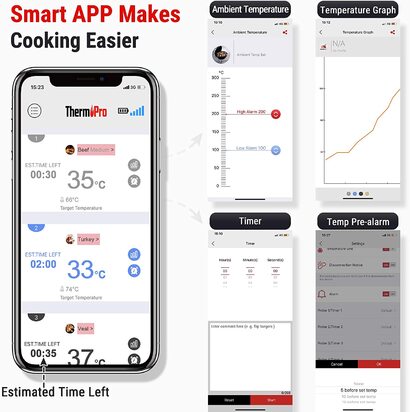 Цифровой термометр для жарки ThermoPro Bluetooth 5.0 Термометр для гриля Термометр для мяса с 4 датчиками для барбекю, варочной камер, коптильни, стейка, поддерживает IOS, Android, диапазон до 150 м 4 датчика черного цвета