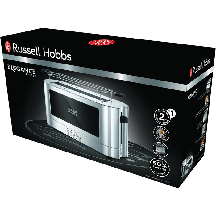 Цифровая кофеварка Russell Hobbs Elegance из нержавеющей стали, функция таймера, до 10 чашек, стекляннй чайник обемом 1,25 л, мощностью 1600 Вт, и тостер с длиннм шлицем из стекла/нержавеющей стали Elegance, в комплекте. Насадка для булочек, 1420 Вт, 2338