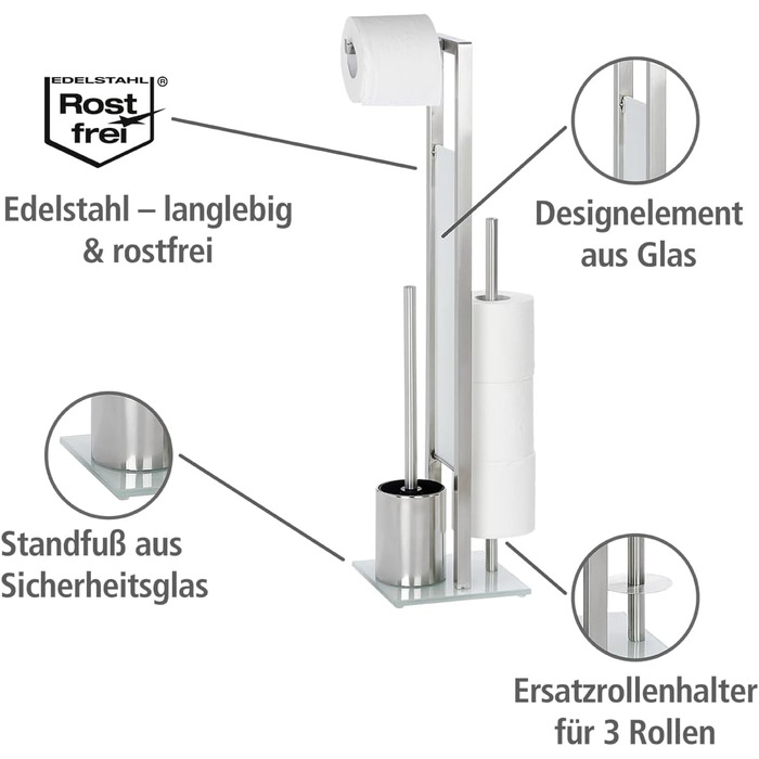 Туалетный набор со встроенным держателем для туалетной бумаги и держателем для ершика для унитаза, из нержавеющей стали, 23 x 70 x 18 см, матовый серебристый  WENKO Stand Rivalta