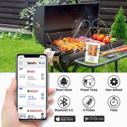 Цифровой термометр для жарки ThermoPro Bluetooth 5.0 Термометр для гриля Термометр для мяса с 4 датчиками для барбекю, варочной камер, коптильни, стейка, поддерживает IOS, Android, диапазон до 150 м 4 датчика черного цвета