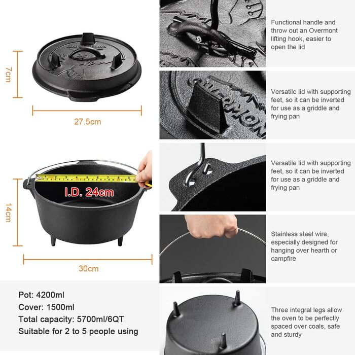 Чугунная голландская печь 5,7 л Black Overmont