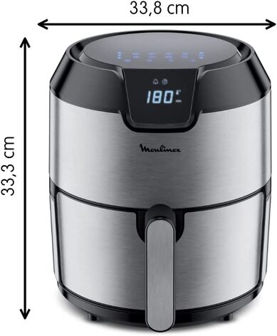 Фритюрница Moulinex Easy Fry Deluxe EZ401D без масла, с антипригарнм покртием, цифровой сенсорнй кран, 8 кулинарнх программ, здоровое питание, приложение 125 рецептов, сталь, 4,2 л, круглая нержавеющая сталь на 6 персон