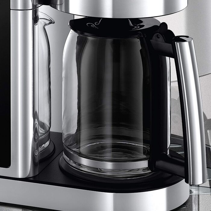 Цифровая кофеварка Russell Hobbs Elegance из нержавеющей стали, функция таймера, до 10 чашек, стекляннй чайник обемом 1,25 л, мощностью 1600 Вт, и тостер с длиннм шлицем из стекла/нержавеющей стали Elegance, в комплекте. Насадка для булочек, 1420 Вт, 2338