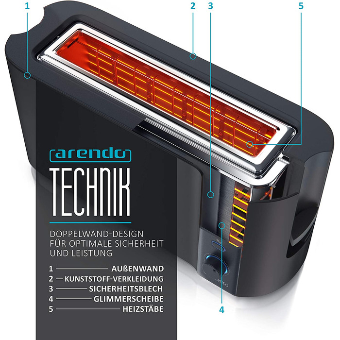 Тостер Arendo с 2 длиннми прорезями - Функция размораживания - 1000 Вт - Корпус с двойнми стенками - Встроенная насадка для булочек - Степень потемнения 1-6 Дисплей с индикацией оставшегося времени - Нержавеющая сталь чернй матовй A Чернй матовй