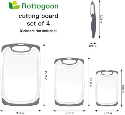 Разделочне доски для кухни, пластиковая разделочная доска набор из 4 предметов с нескользящими ножками и глубокой канавкой для сбора сока, удобная ручка серого цвета