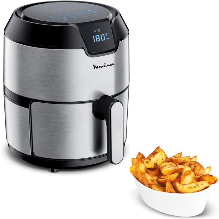 Фритюрница Moulinex Easy Fry Deluxe EZ401D без масла, с антипригарнм покртием, цифровой сенсорнй кран, 8 кулинарнх программ, здоровое питание, приложение 125 рецептов, сталь, 4,2 л, круглая нержавеющая сталь на 6 персон