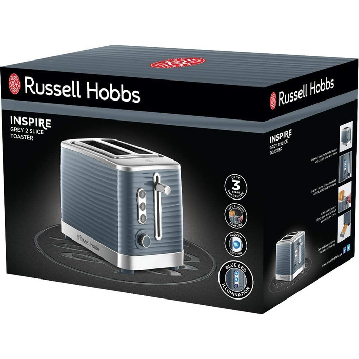 Тостер Russell Hobbs для 2 ломтиков Inspire серого цвета с всококачественной глянцевой текстурой (очень широкие прорези для тостов, в т.ч. Насадка для булочек, 6 ступеней подрумянивания функция размораживания и разогрева) 24373-56